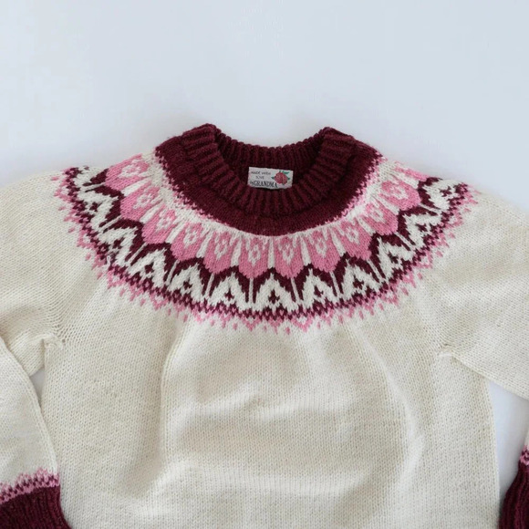 Vintage Handmade Grandma Cream Knit Pink Fair Isle Icelandic Fisherman Sweater M - Picture 11 of 13